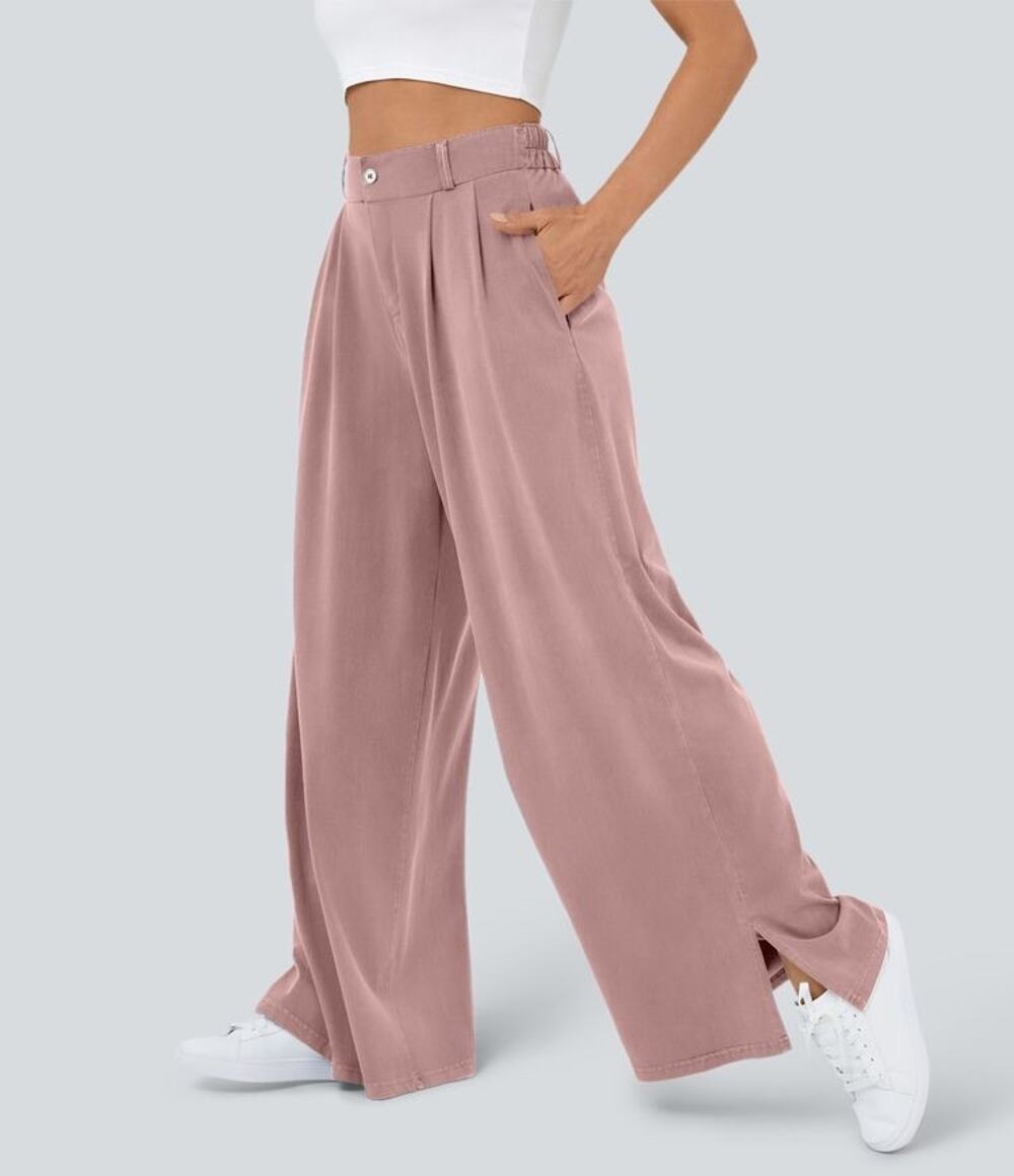 Halara High Waisted Button Zipper Side Pocket Split Hem Wide Leg Casual Pants